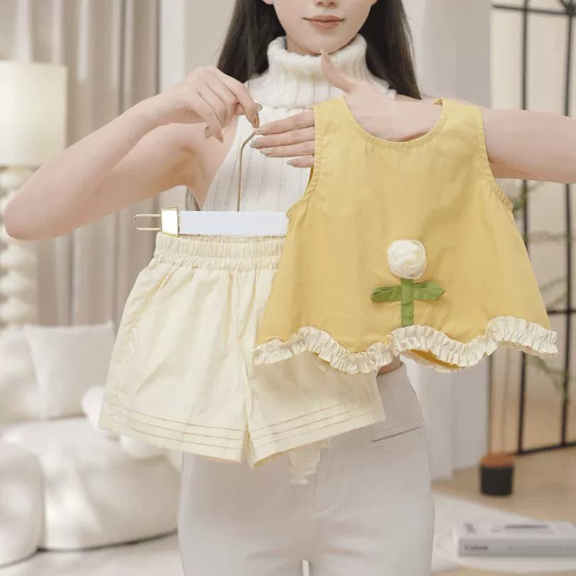 Terno de girassol para meninas 2026 verão fungo renda Top Shorts roupas tridimensionais terno de duas peças