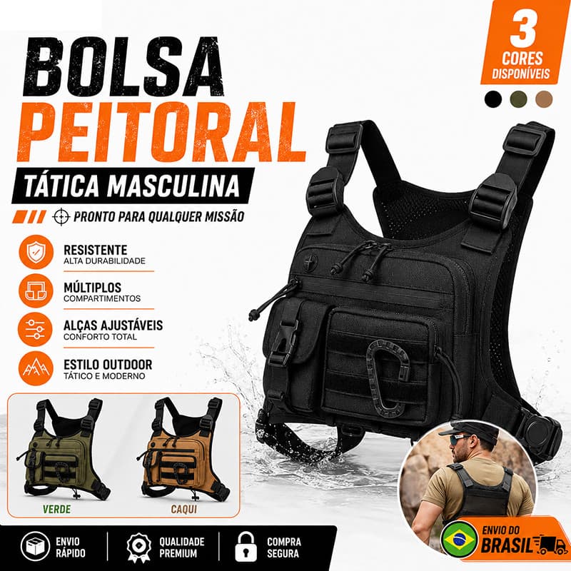 Bolsa Peitoral Tática Masculina Militar Chest Bag Crossbody MOLLE Multifuncional Outdoor Resistente Impermeável