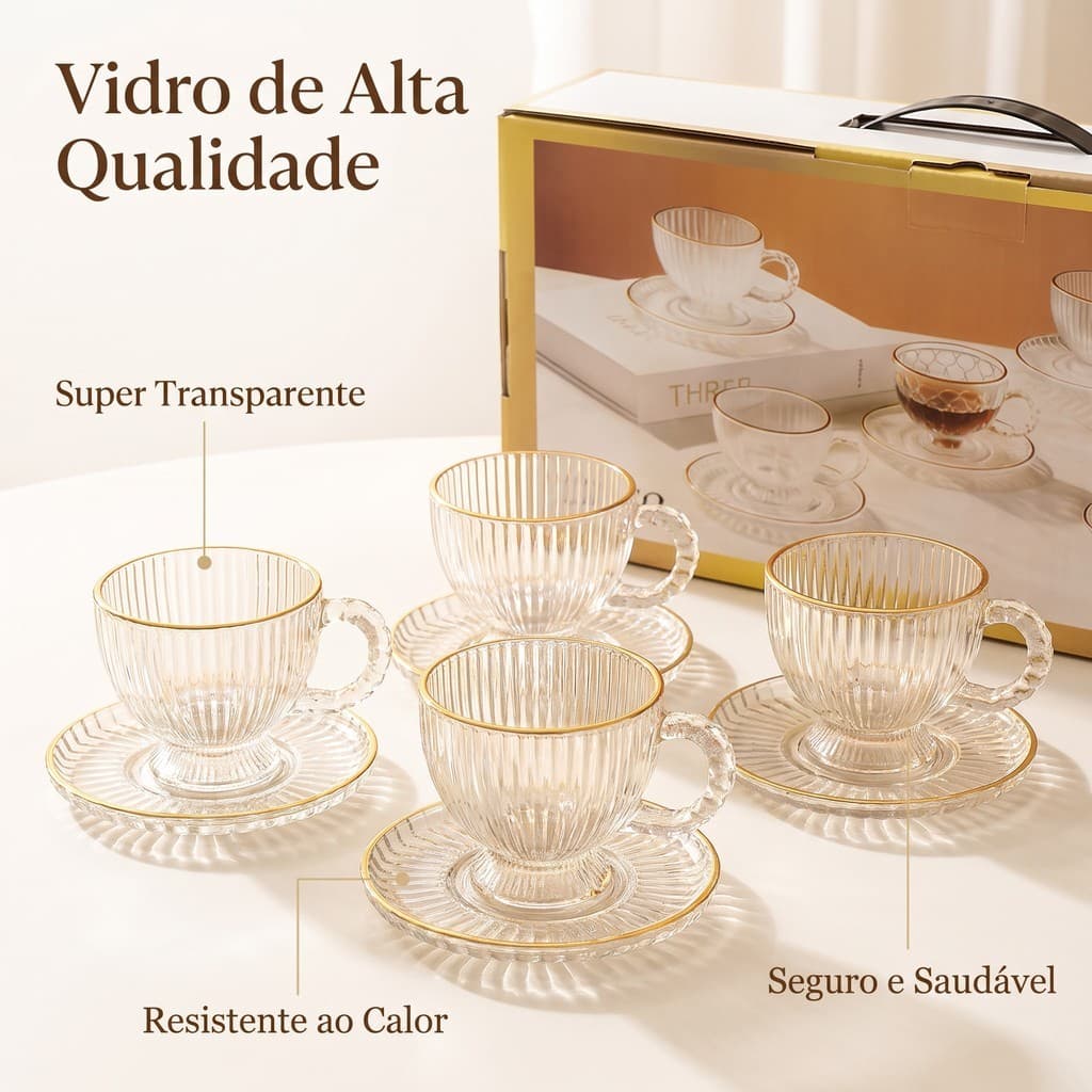 Jogo 12 Peças Xícaras de Café Vidro 150ml com Borda Dourada Estilo Retro Luxuoso 6 Xícaras + 6 Pires