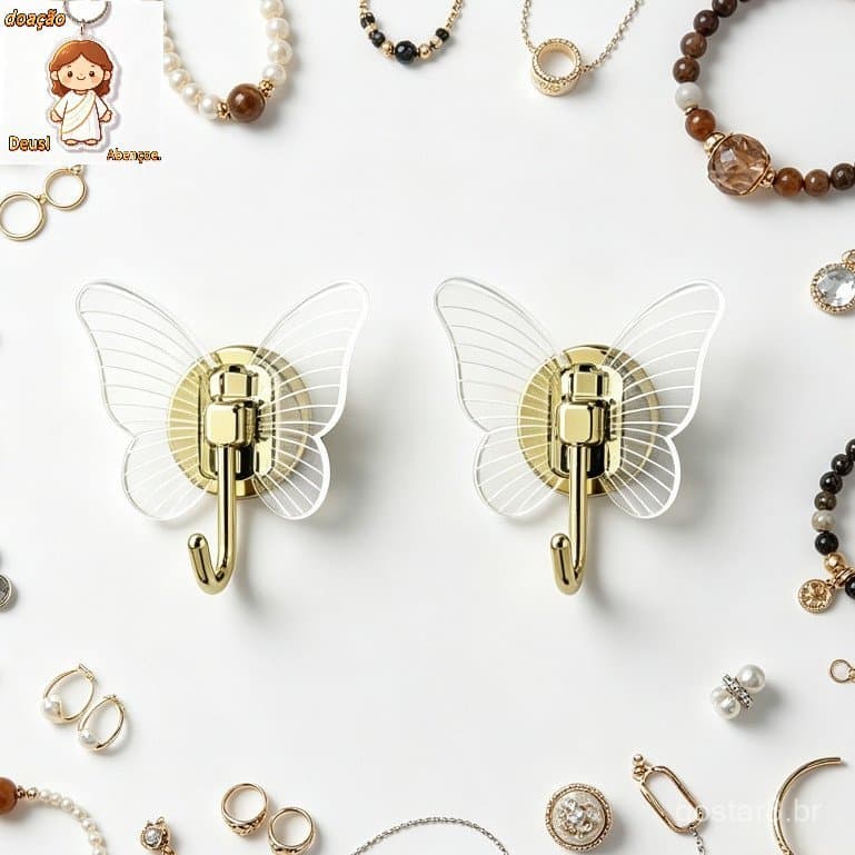 Kit Gancho Decorativo Borboleta Acrílico 2 Peças Autocolante Dourado