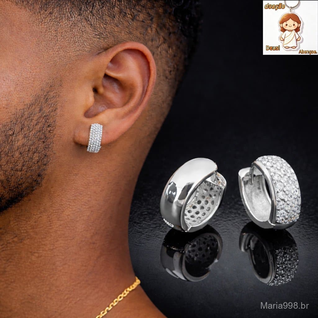 Brinco Cravejado Argola Prata 925 banhado Estilo Neymar Unissex Zirconia