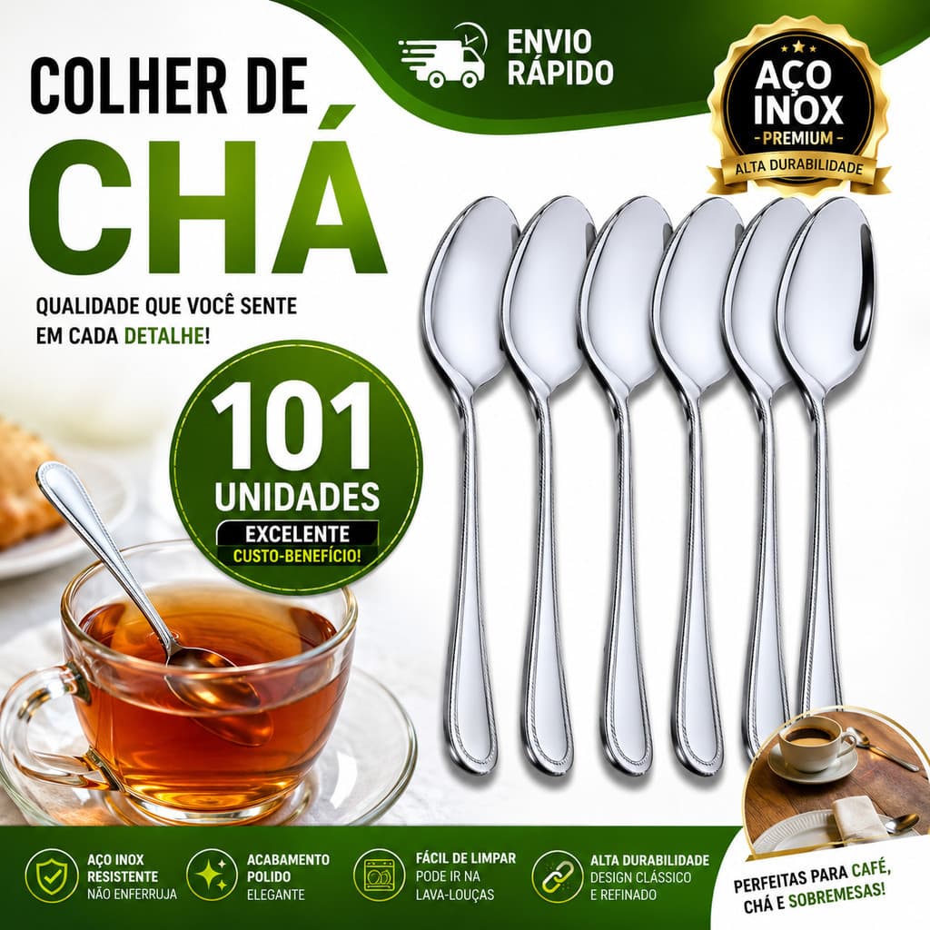 Kit 101 Colheres de Chá Inox Café Sobremesa Premium Mesa Posta Restaurante Evento Buffet