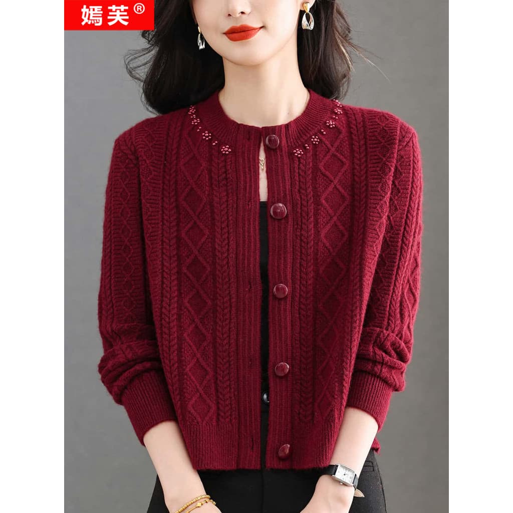 Yanfu em torno do pescoço de lã malha Cardigan feminino primavera outono novo estilo botão camisola mãe manga comprida c