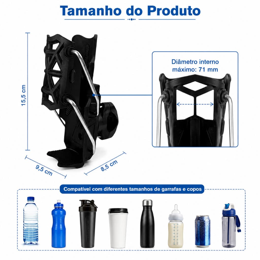 Suporte Porta Garrafa Universal Moto Bicicleta Guidão Porta Copo 360° Ajustável Scooter Patinete ABS Premium