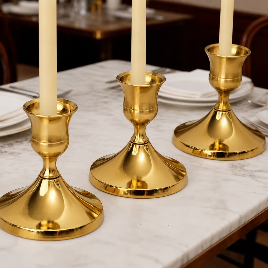 Kit com 3 Castiçais Porta Vela Decorativos em Metal Dourado Elegantes para Velas Finas 7 cm 7,5 cm Decoração para mesa