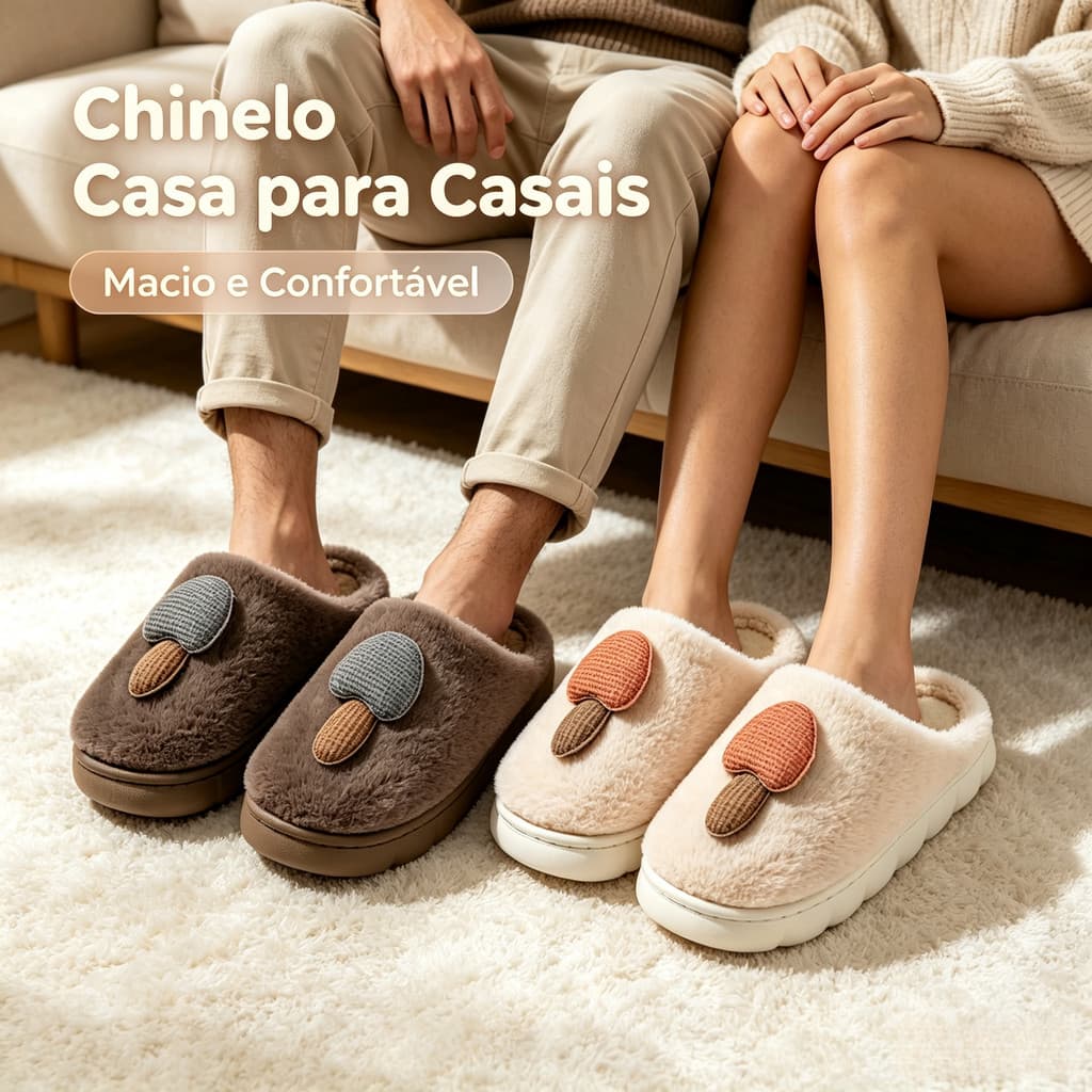 Chinelo Térmico Casal 3D Cogumelo Desenho Animado Inverno Solado Grosso Antiderrapante Masculino