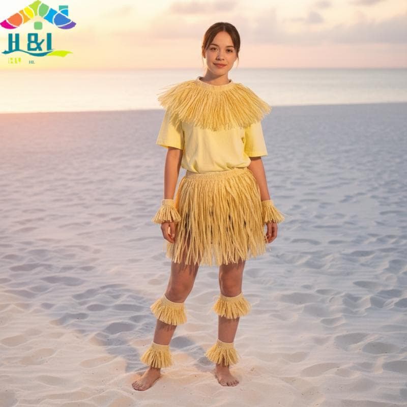 Conjunto De Saia Havaiana Hula H & L Para Adultos , Roupa De Dança De Ráfia Natural De 80 Cm De Comprimento Com Acessóri