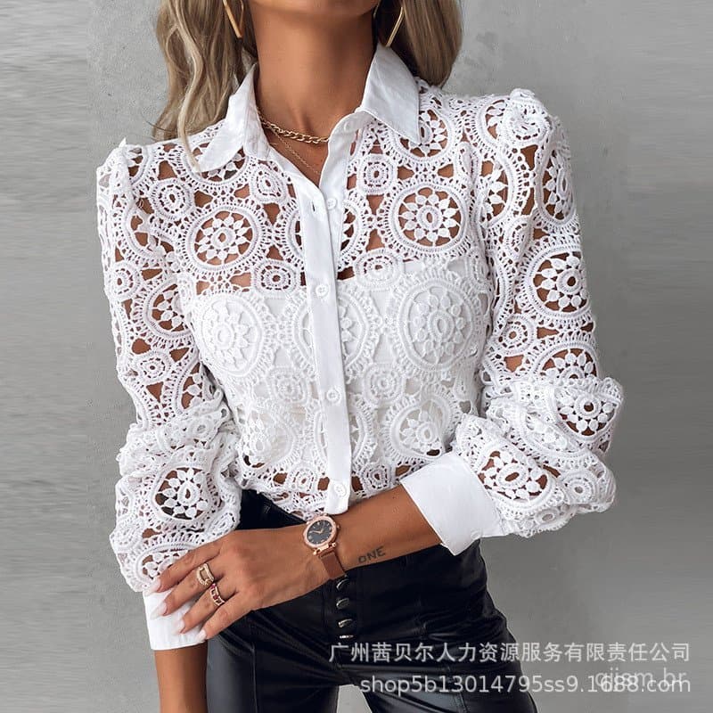 Nova Camisa de Renda Branca, Blusa Elegante, Roupas Femininas Elegantes, Camisa de Escritório Primavera-Outono 2024