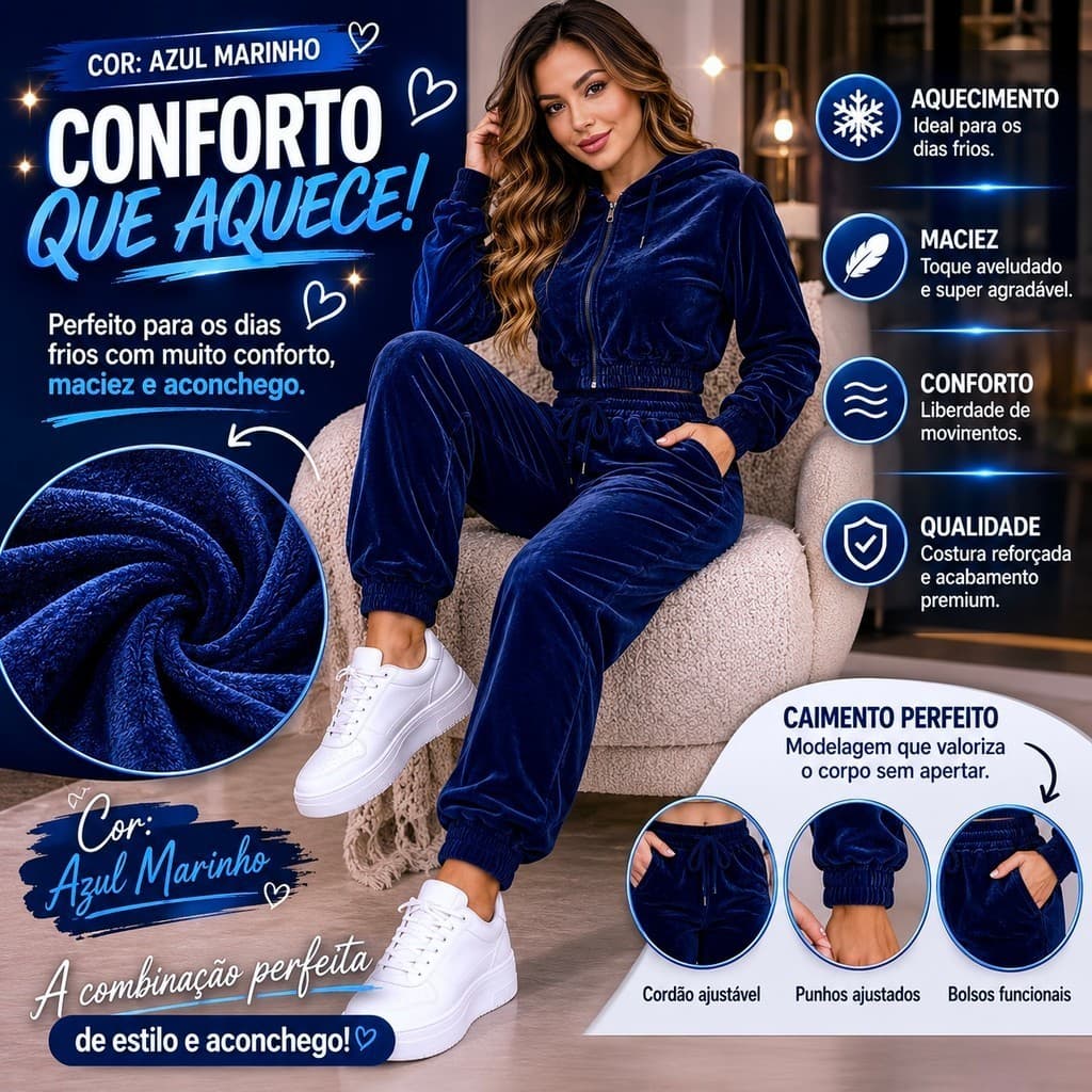 Conjunto Feminino Plush Veludo Inverno Blusa Com Capuz E Calça Jogger Lançamento Quentinho Premium