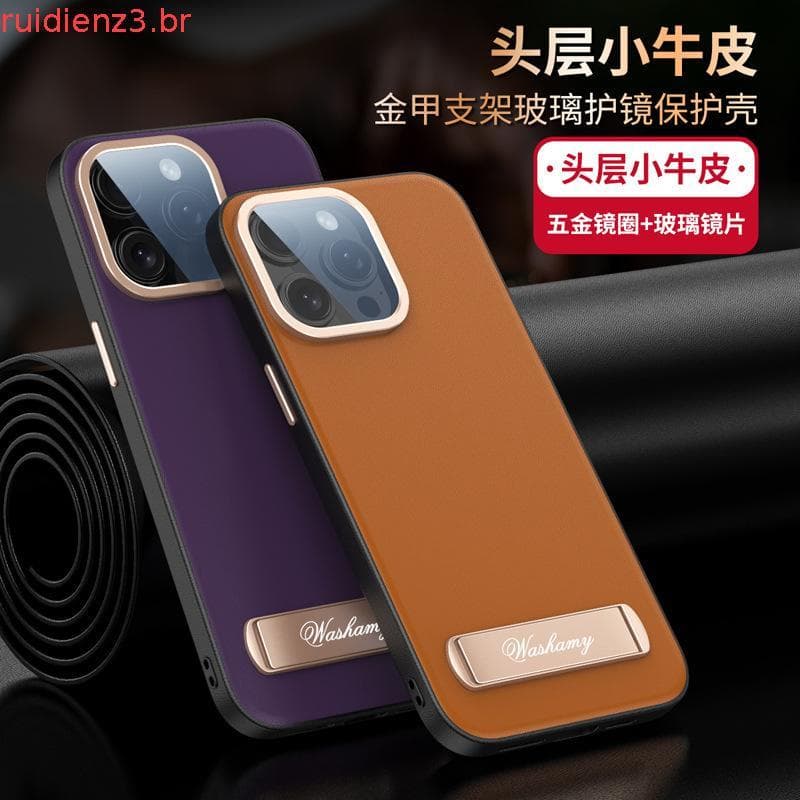 Adequado para iphone15 Capa de telefone Galvanoplastia Couro Genuíno Apple i15 Lente de suporte integrada Plexiglass com
