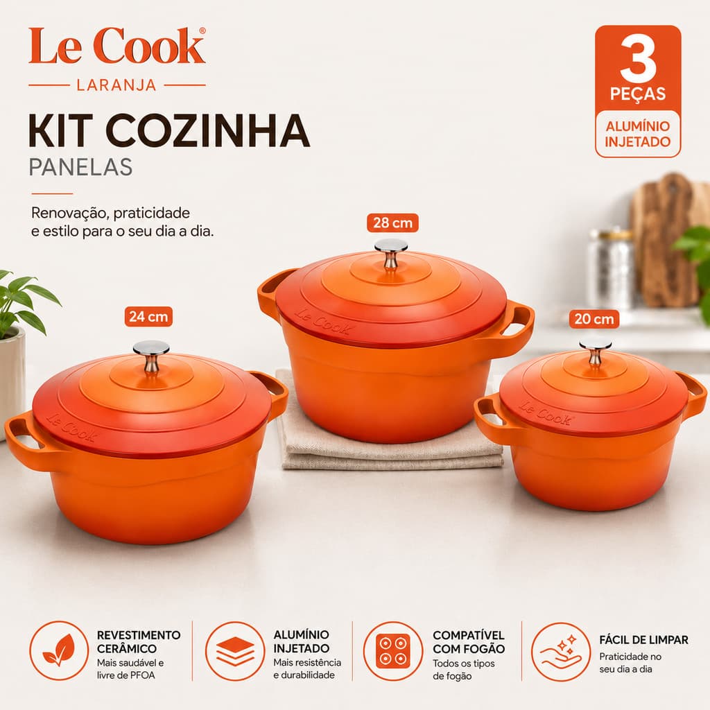 Jogo De Panelas Le Cook Premier Orange 3 Peças Revestimento Cerâmico Antiaderente