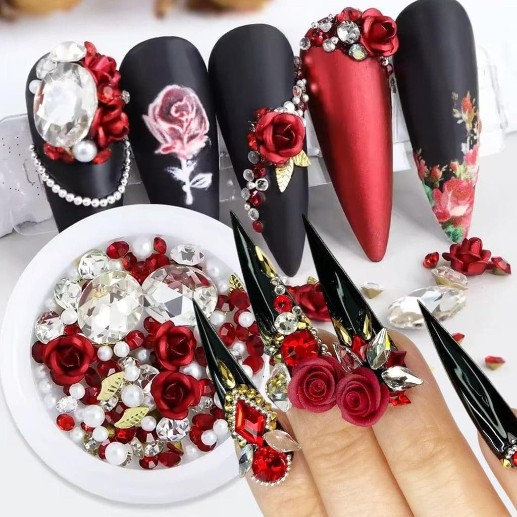 Enfeites de Unhas em Forma de Rosa Vermelha 3D, Enfeites de Unhas para o Dia dos Namorados, Decorações de Unhas com Flor
