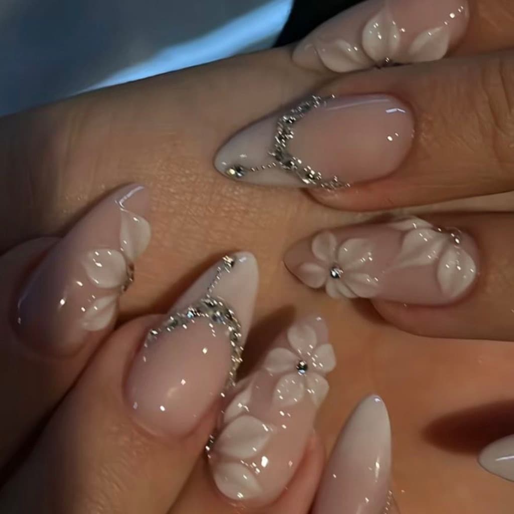 99 estilos, 24 peças de unhas postiças curtas em formato de amêndoa com ponta francesa floral 3D, conjunto de unhas fals