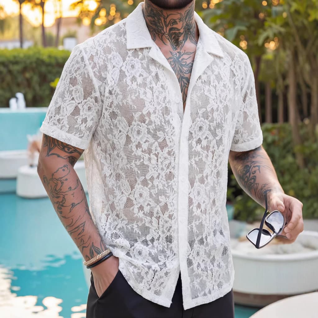 Moda verão novo estilo masculino malha elo de corrente camisa de manga curta botões transparentes férias Casual oco topo