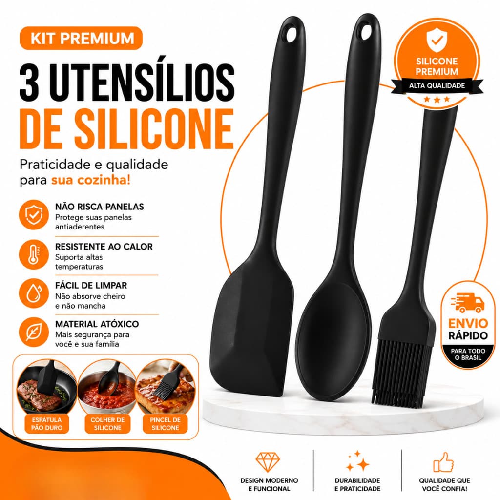 Jogo 3 Utensílios de Silicone Premium Colher Espátula Pão Duro Pincel Culinário Antiaderente Resistente ao Calor