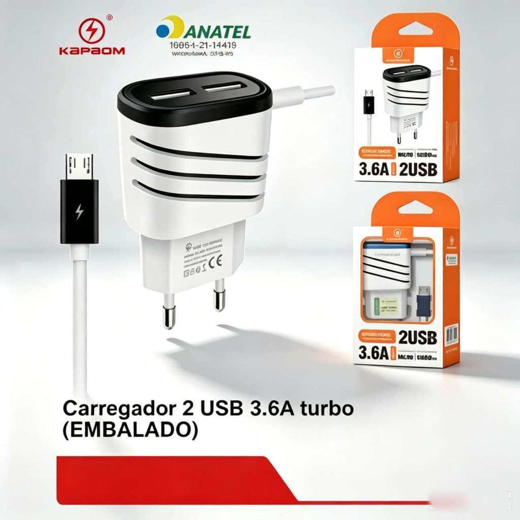 Carregador de Celular 3.6A 2 Portas USB e Cabo V8 - KA-393-V8