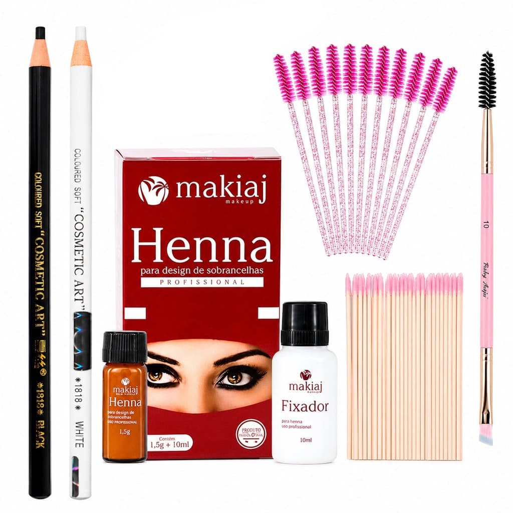 Kit Design Henna Makiaj Sobrancelhas Lapis Pincel Escovinha Renna Rena Escuro Claro Médio Preto