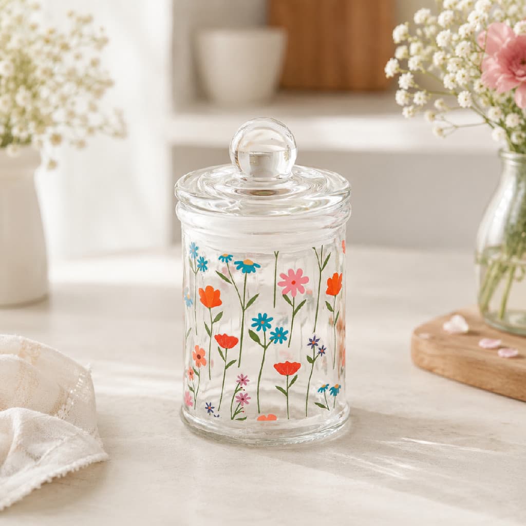 Pote Lyor Porta Condimentos Estação da Flores Lyor 135ml com Vedação Transparente Florzinhas Flowers Mesa Posta Bancada