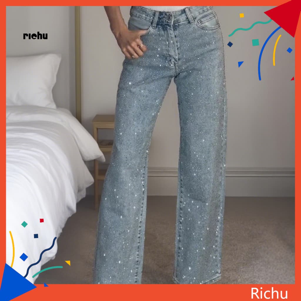 High Waist Straight-leg Jeans Comfortable Pants Women’s Faux Pearl Beaded Wide Leg Denim Stretch Straight Baggy for So