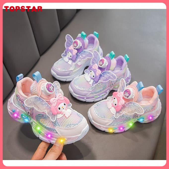 Tênis de Verão com Luzes para Meninas, Tênis com Luzes Kuromi para Meninas, Tênis de Malha Respirável para Alunas do Ens
