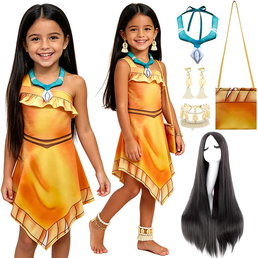 Crianças Tribal Princesa Temático Pocahontas Traje Meninas Laranja De Um Ombro Estilo Nativo Vestido Festa Criança Pliss