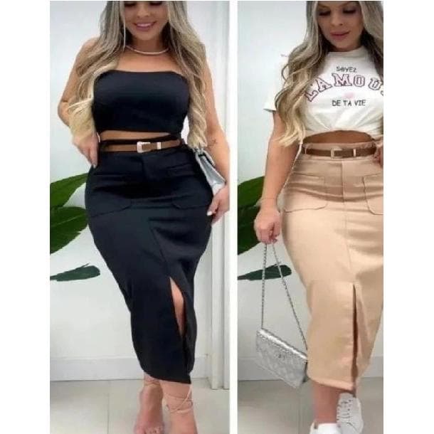 Kit02 Saia Midi Alfaiataria Com Bolso Frontal Moda evangélica Estilosa festa