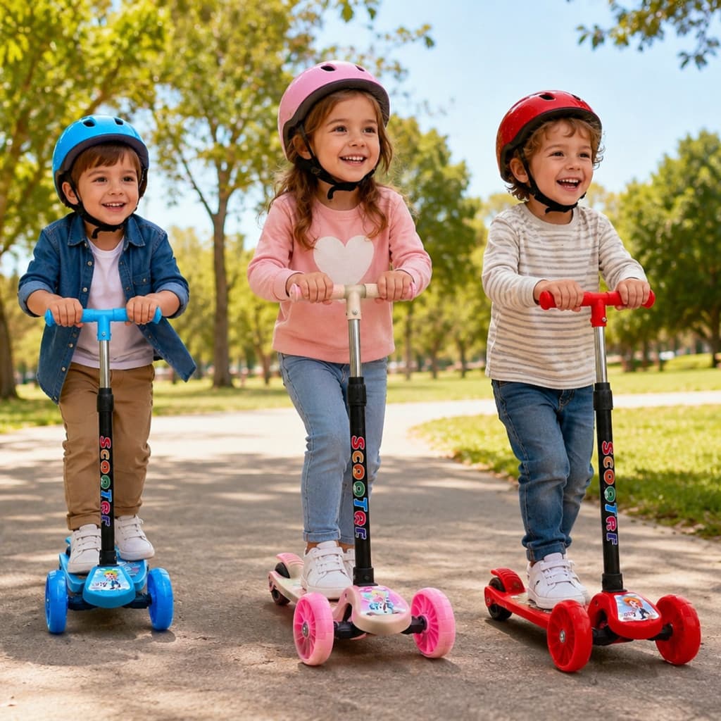 Patinete Infantil 3 Rodas c/ led Dobrável Scooter reforçado Crianças até 40kg ajuste de altura + adesivos