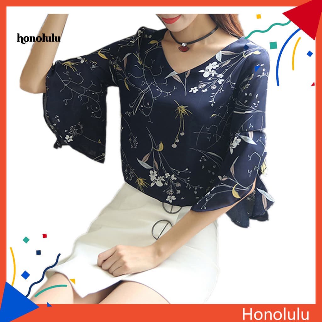 Hon * Office Lady Fashion Flower Print Meia Manga Flare Gola V Chiffon Blusa Camisa