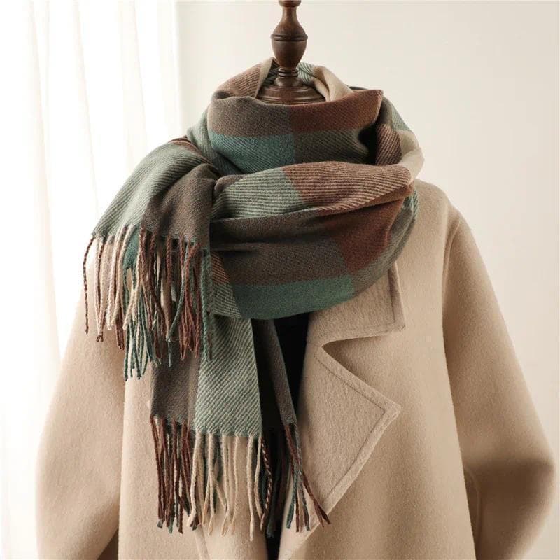 Cachecol Feminino de Luxo para Outono Inverno, Xadrez, Grosso, Quente, com Franjas, Imitação de Cashmere, Cachecóis da M