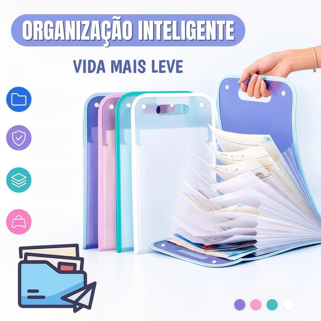 Pasta Sanfonada A4 12 Divisórias com Fecho Elástico, Prática para Materiais Escolares e Documentos.