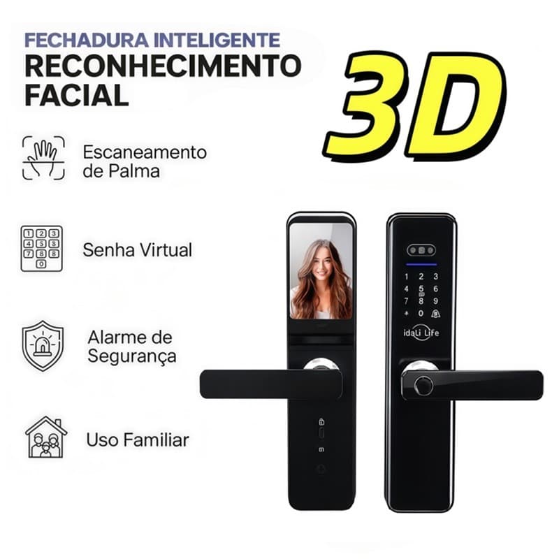 Fechadura Digital Inteligente com Câmera Biométrica Impressão Cartão Senha Desbloqueio AIRER.BR