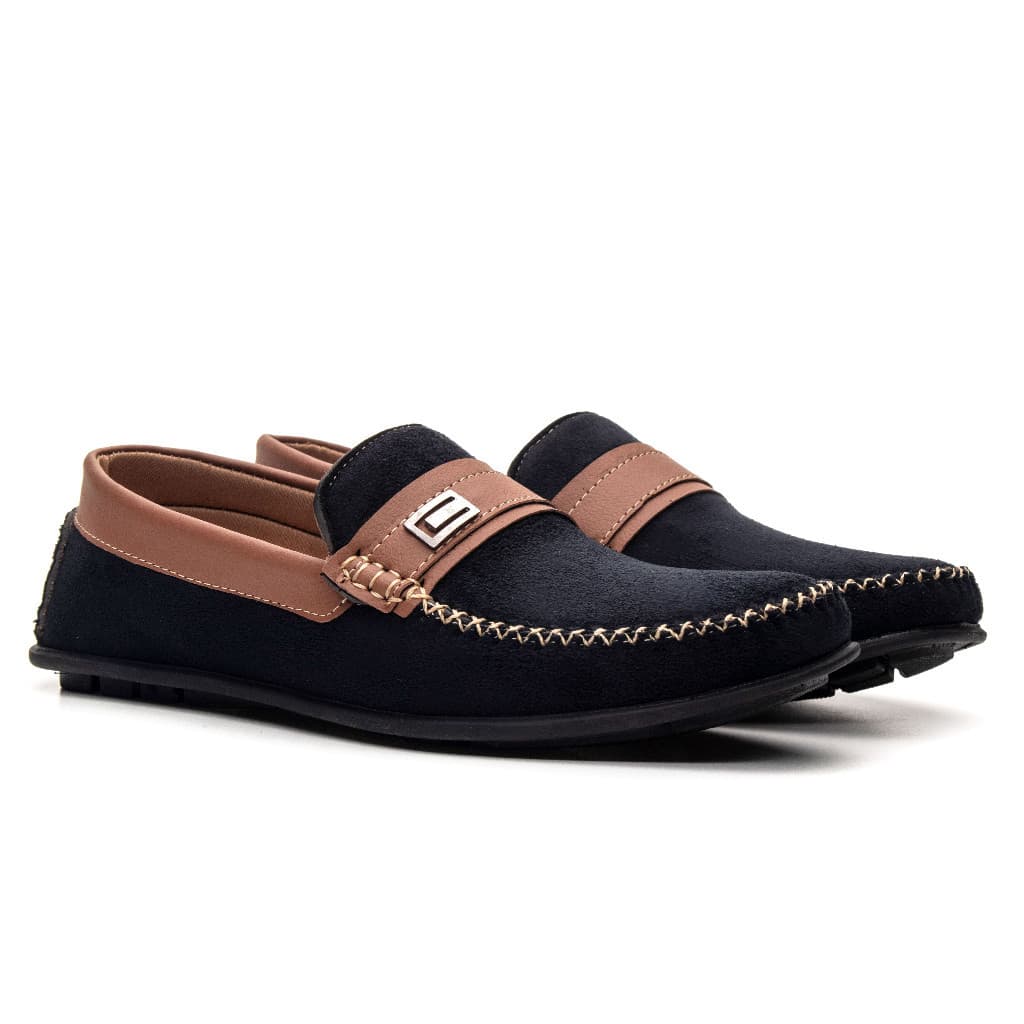 Mocassim Masculino Camurça Preto com Caramelo Visual Clean Autêntico Impecável Caminhada Suave