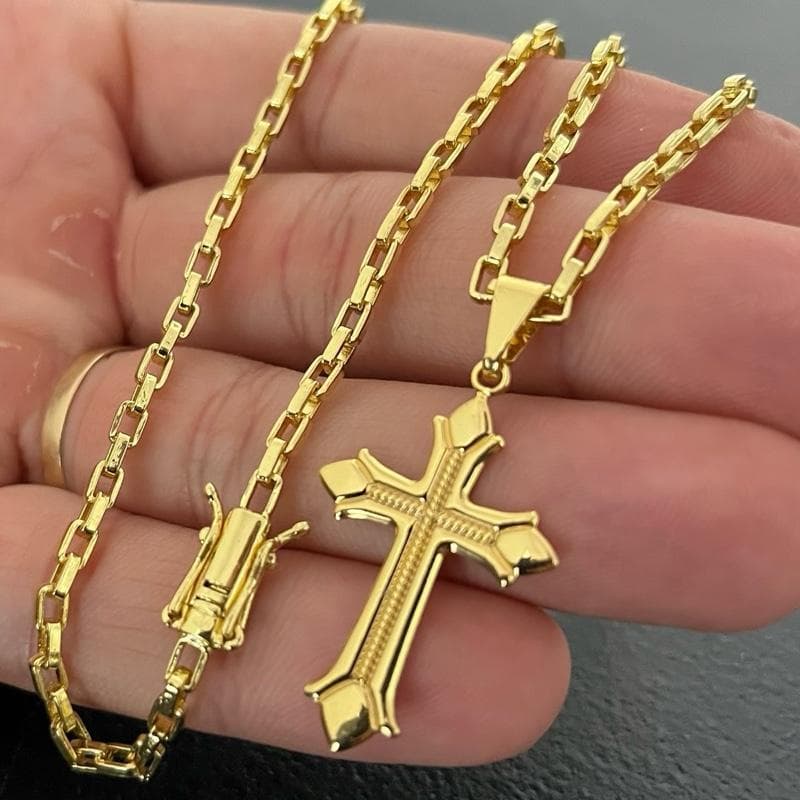 Corrente masculina tijolinho 3mm 70cm e pingente cruz banhada a ouro 18k