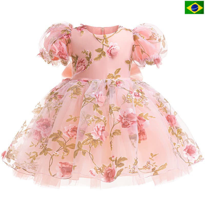 Vestido rosa tridimensional para meninas com mangas transparentes e volumosas. |     A Princesa do Show da Garota Atraen