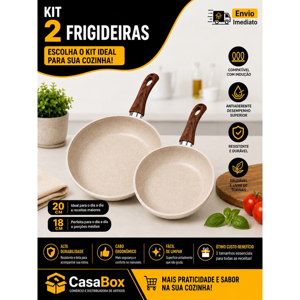 Jogo 2Frigideiras 20cm e 18cm Cerâmica Antiaderente Indução Cabo Antitérmico Fogão Gás Elétrico  multiuso