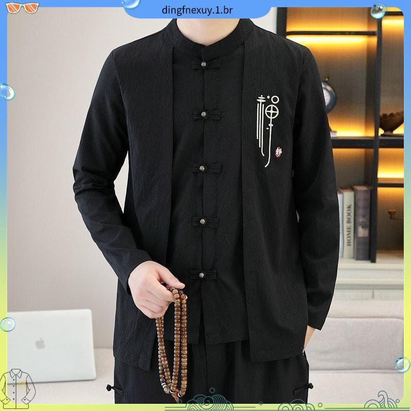 Zhongshan terno botão Tang terno de manga comprida estilo chinês novo estilo chinês algodão linho gola alta estilo étnic