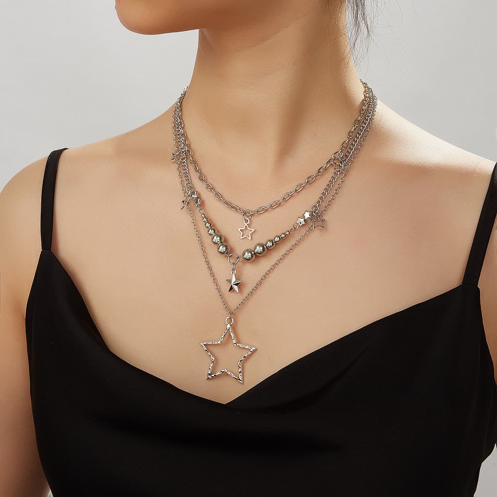 Colar De Corrente Trompet , Com Pingente De Estrela Em Várias Camadas De Prata , Joias Góticas Estilo Y2K De Metal Vinta