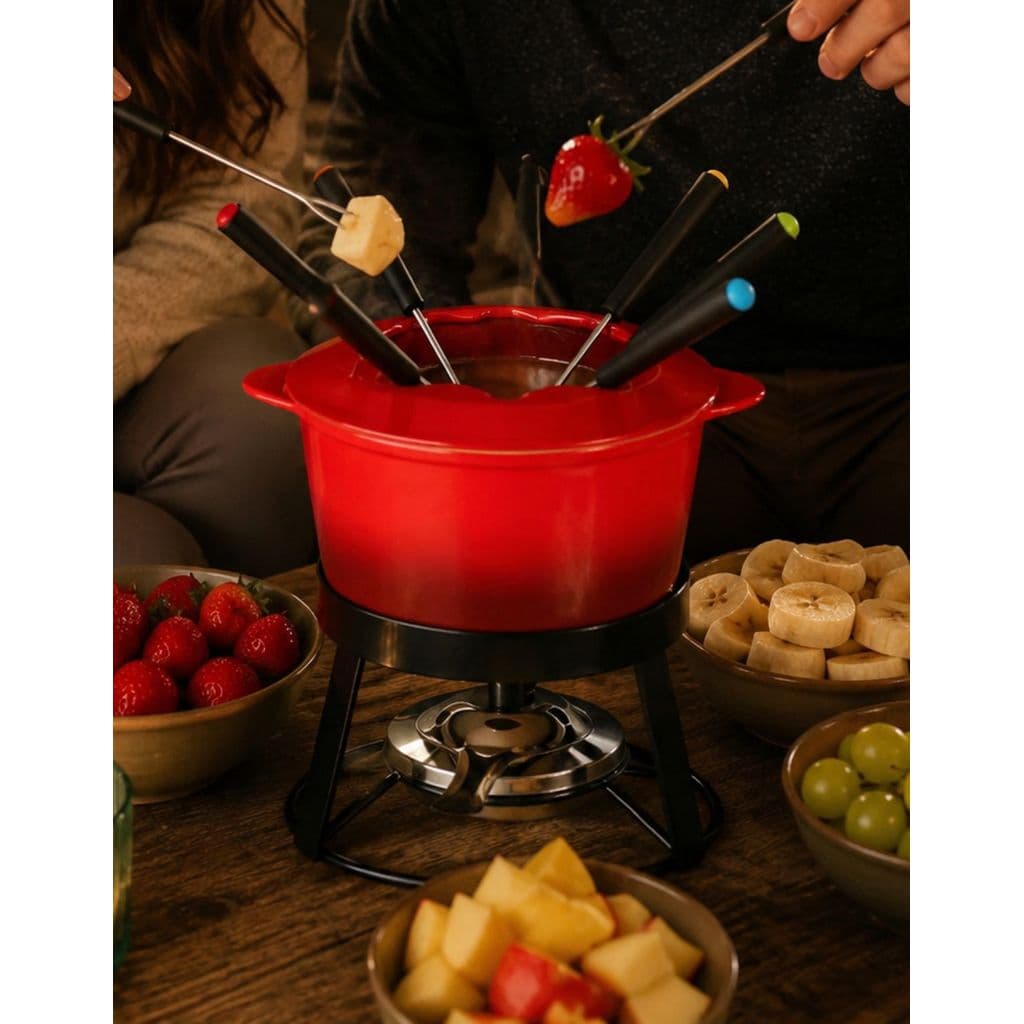 Conjunto Fondue Aparelho Cerâmica 11 Peças Panela 1 Litro Premium 6 Pessoas Chocolate Sobremesa