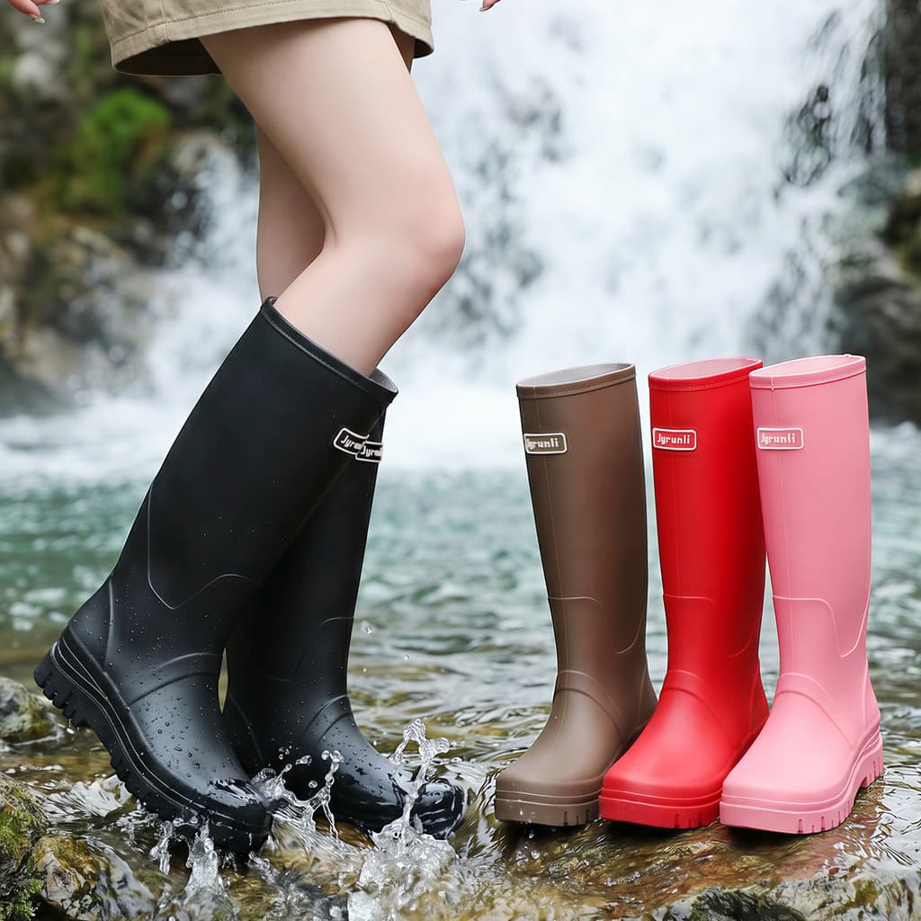 Botas de chuva femininas de cano alto e elegantes, com forro de lã, para lazer ao ar livre e caminhadas na floresta trop