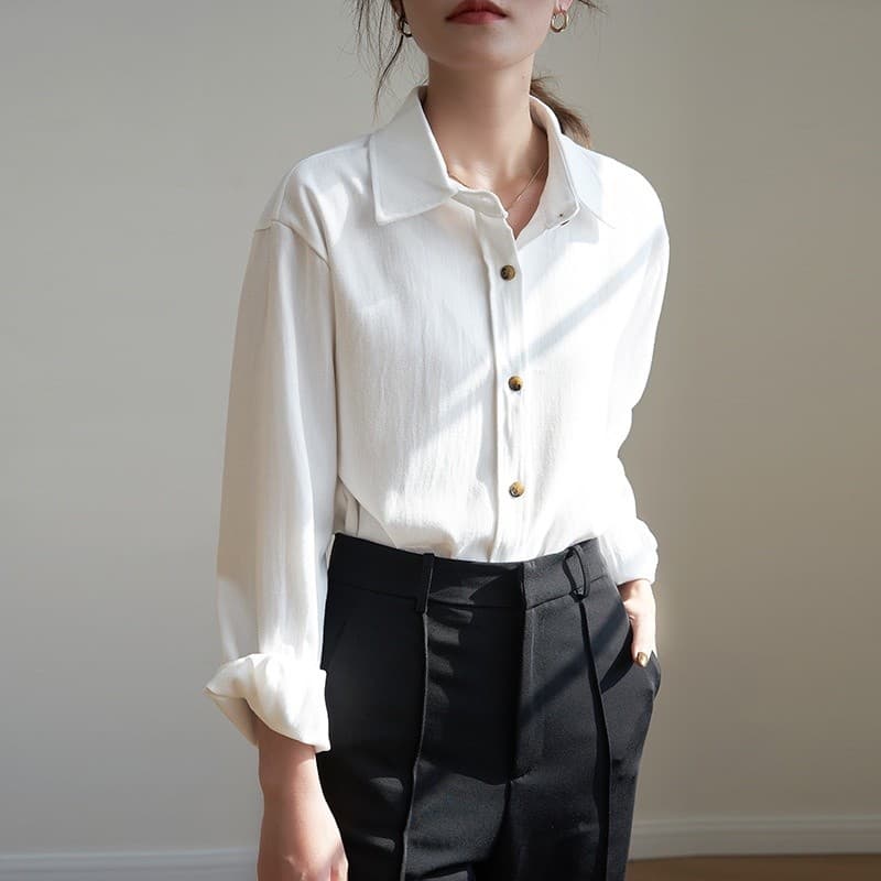 Real Shot 2026 outono inverno novo estilo camisa branca feminina versão coreana escovado Commuter solto manga comprida e