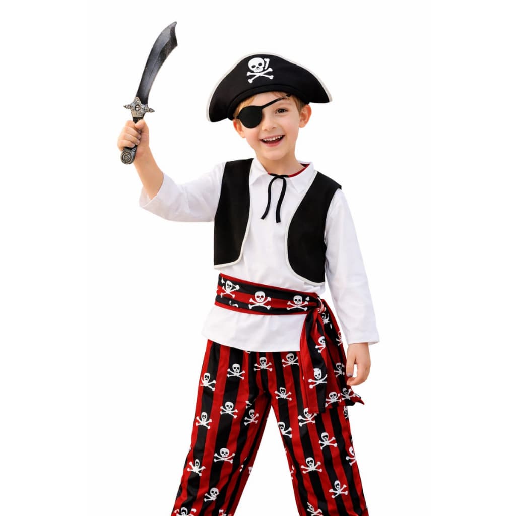 Kit de Fantasia de Pirata 6 Peças Acessórios de Cosplay Infantil para Meninos Colete Calças Espada Chapéu Tapa-Olho Hall