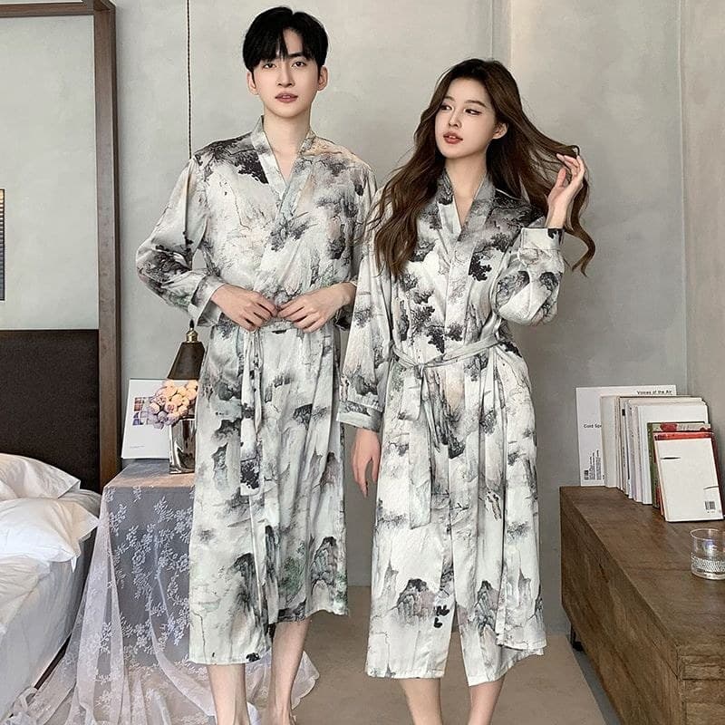 Retro estilo nacional casal pijamas primavera outono masculino Jacquard gelo seda camisola Loungewear conjunto roupão