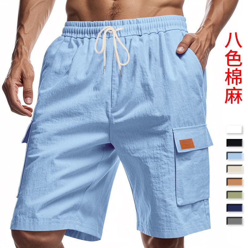 Shorts de linho transfronteiriço masculino praia Casual solto macacão Multi-bolso agachamento Jogging shorts masculino v