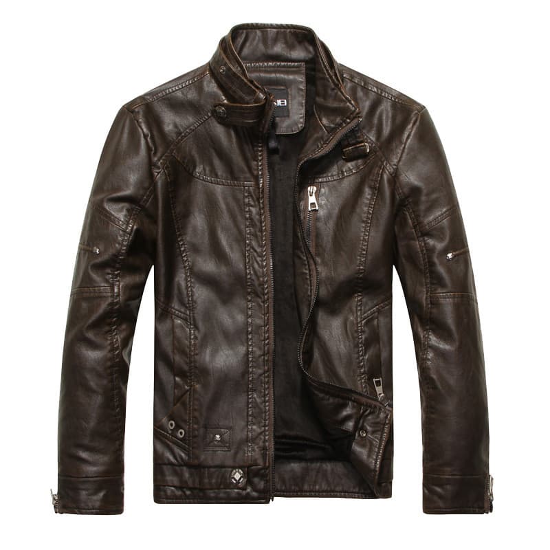 Jaqueta De Couro Masculina De Pelúcia Com Gola Alta