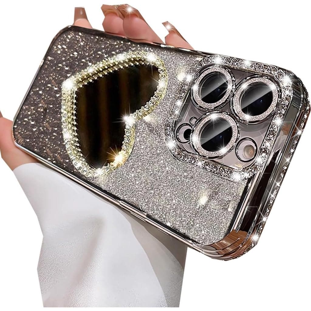 Capa Espelhada com Brilho Changjia para iPhone 16 Pro Max, Capa de Luxo com Espelho de Maquiagem em Forma de Coração com