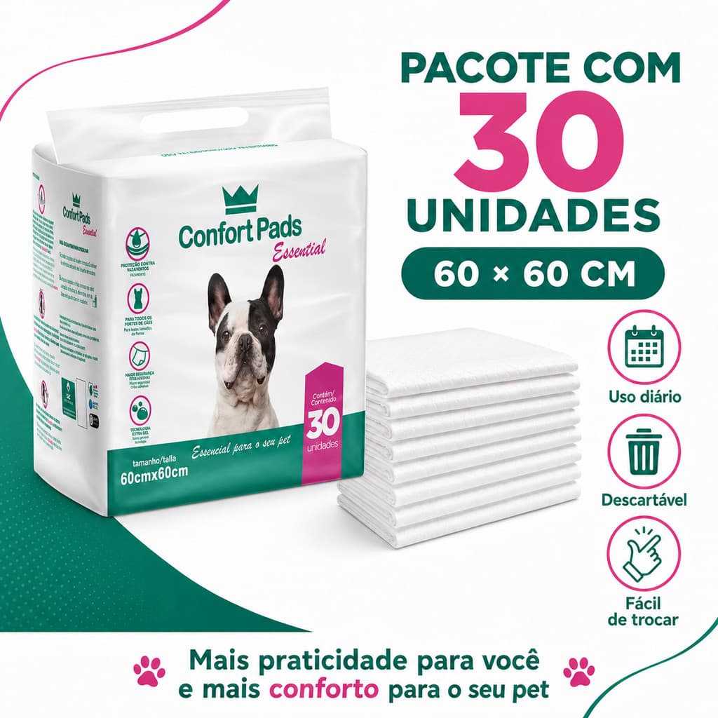 Tapete Higiênico P/ Cães Confort pads Pad's Slim C/ 30 Un 60x60 Essential