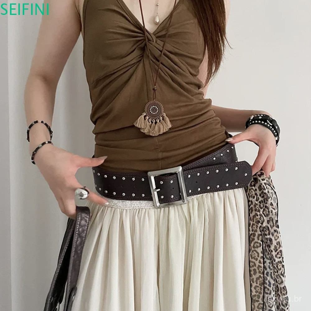 Cinto De Rebite SEIFINI , Feminino Largo Gótico Y2k Jeans Vestido Americano De Designer Estilo Punk