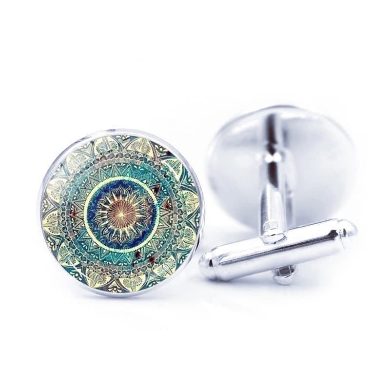 Yoga Mandala flor abotoaduras tempo Gem camisa masculina francesa prata abotoaduras acessórios