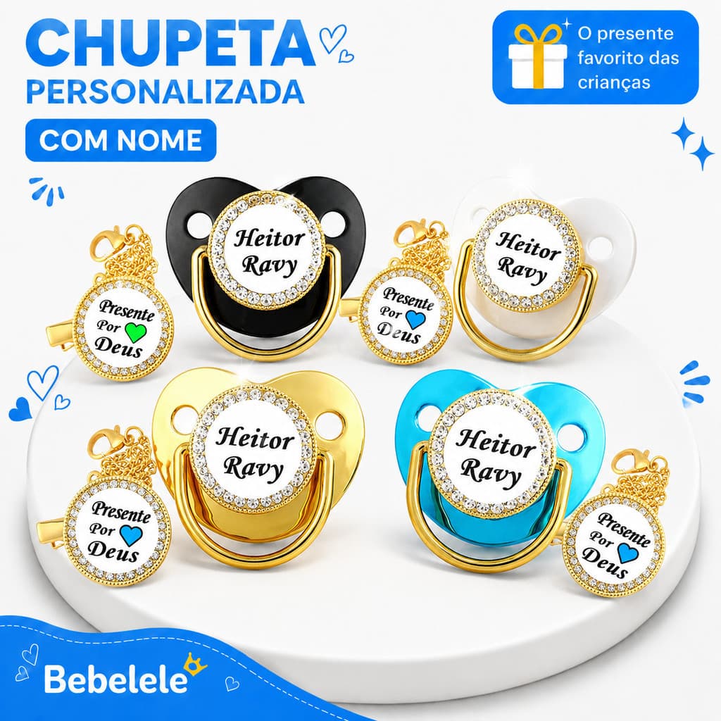 Chupeta de bebê em formato plano, incluindo clipe de chupeta chupeta com nome de bebê reborn