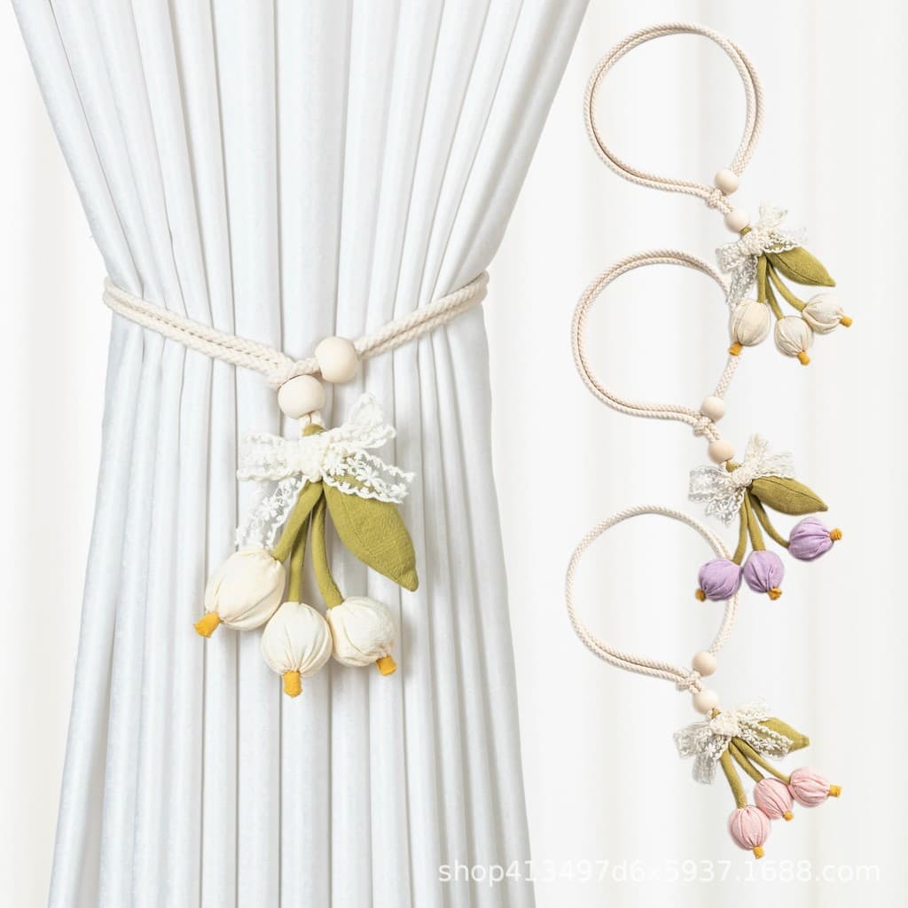 Laço de cortina floral em tecido rústico com corda de algodão ajustável e laço de renda para armazenamento e fixação de